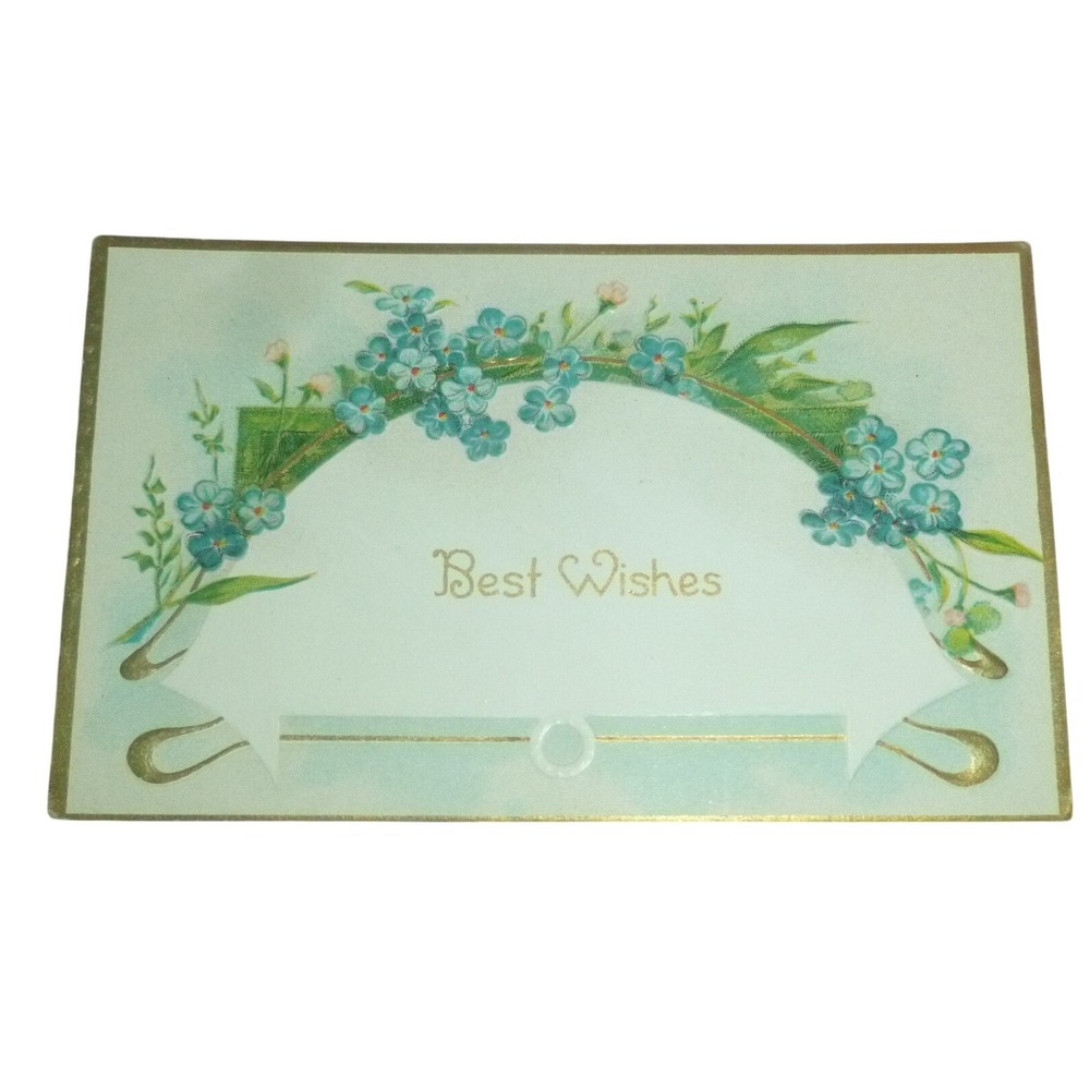 Antique Best Wishes Postcard Blue Forget Me Nots Embossed Floral Gold Gilt Edge